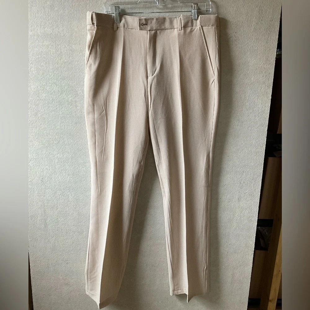 Tazio pants. Pen stripe. Beige and white. NWT Size 20